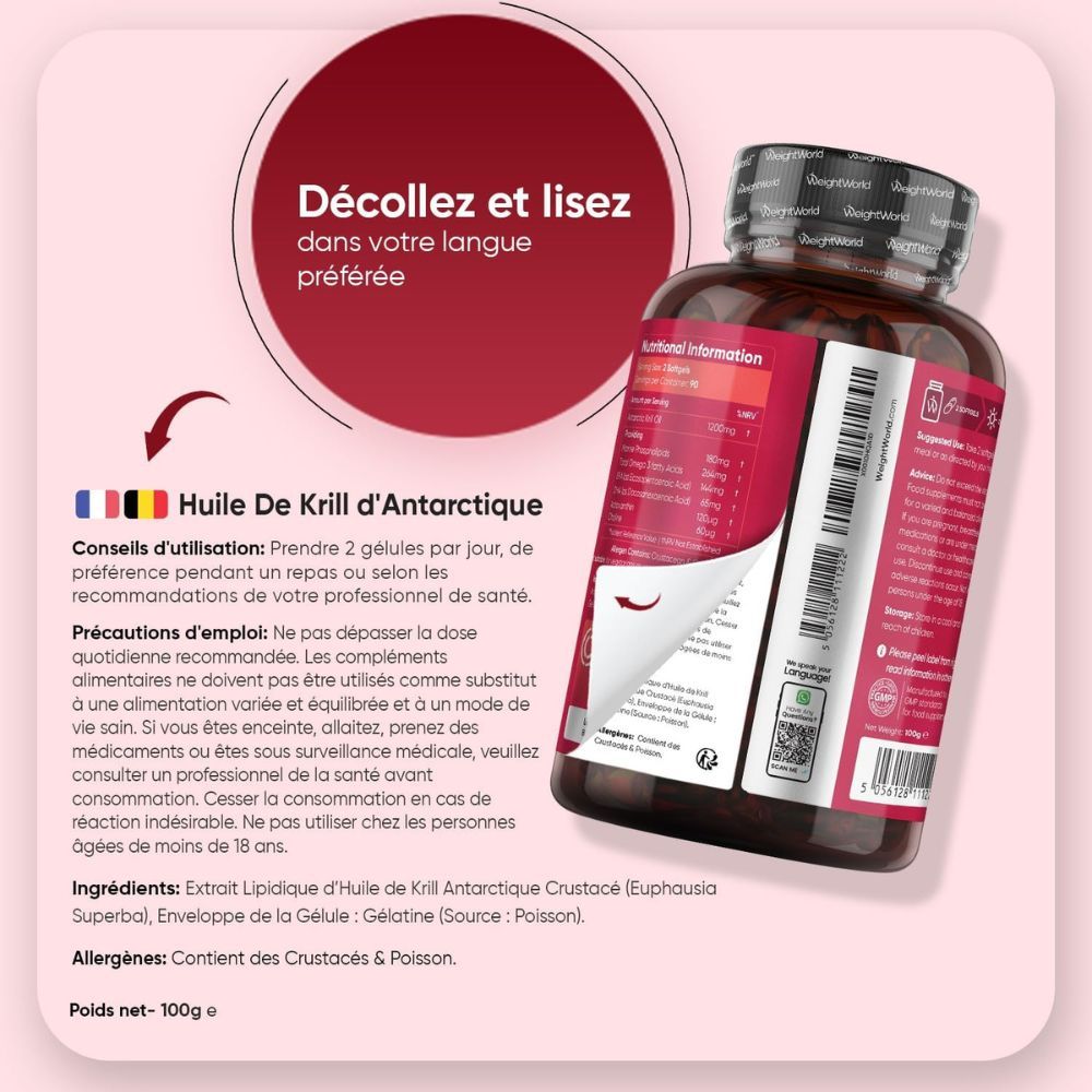 Flacon d'huile de krill antarctique avec étiquette ouverte. Informations en plusieurs langues. 100g.