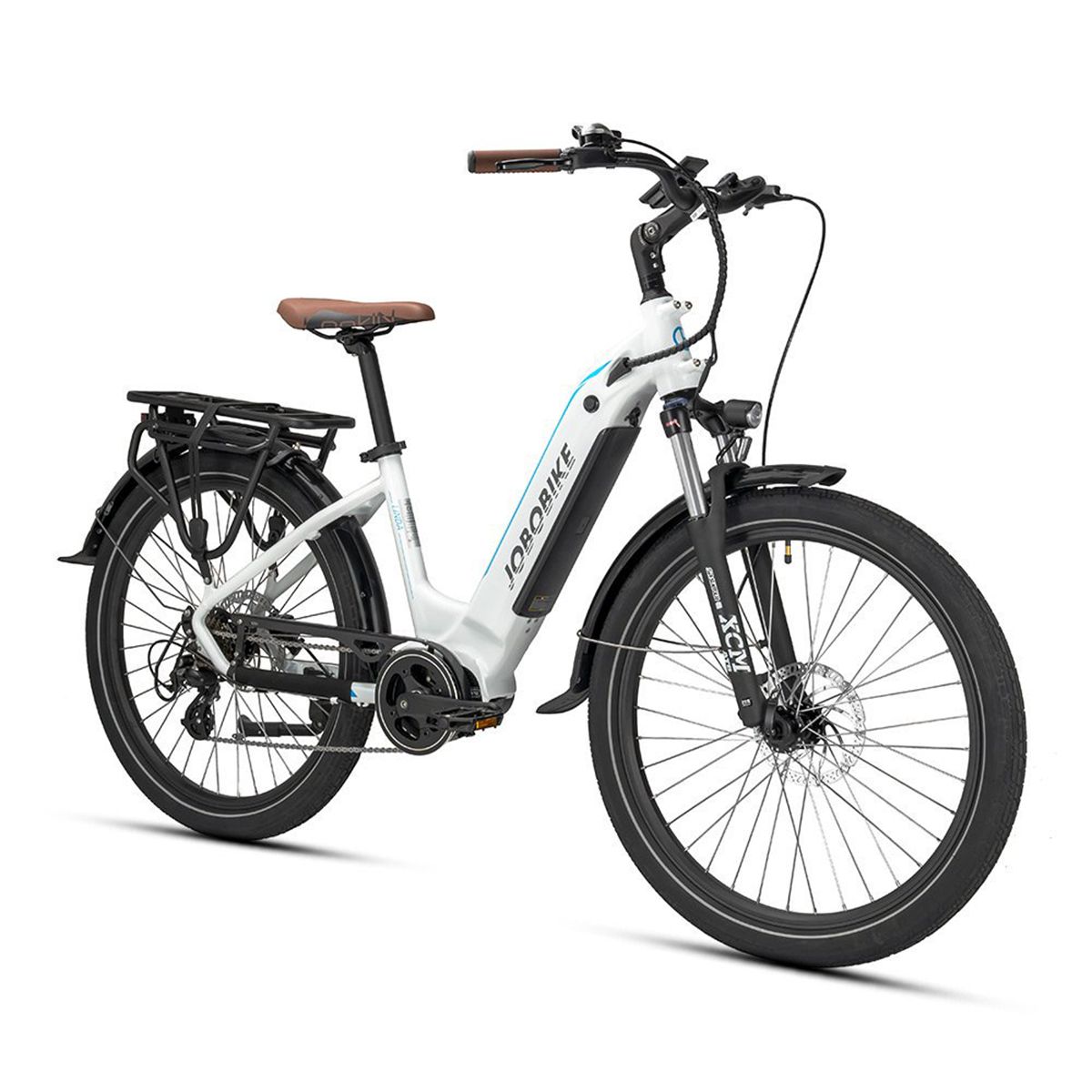 Vélo électrique blanc JOBOBIKE Linda. Selle et poignées marron. Garde-boue et porte-bagages noirs. Ligne bleue.