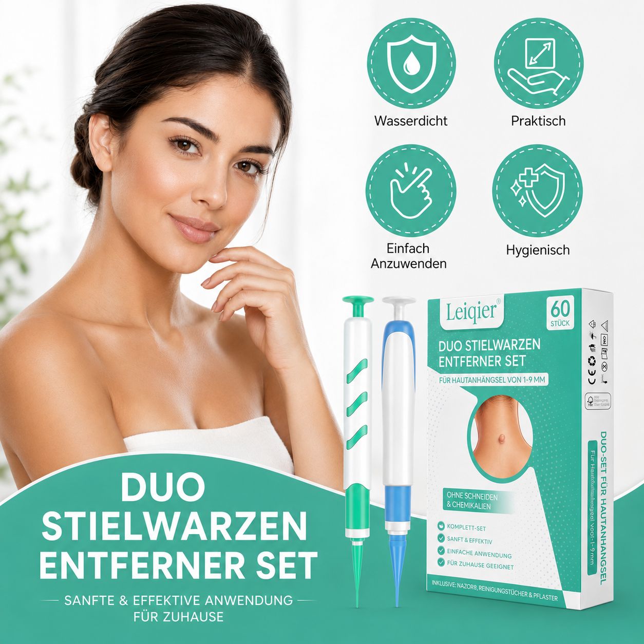 Vrouw naast Leiqier 2-in-1 Steelwratten Verwijderkit. Iconen voor waterdicht, praktisch, makkelijk, hygiënisch.