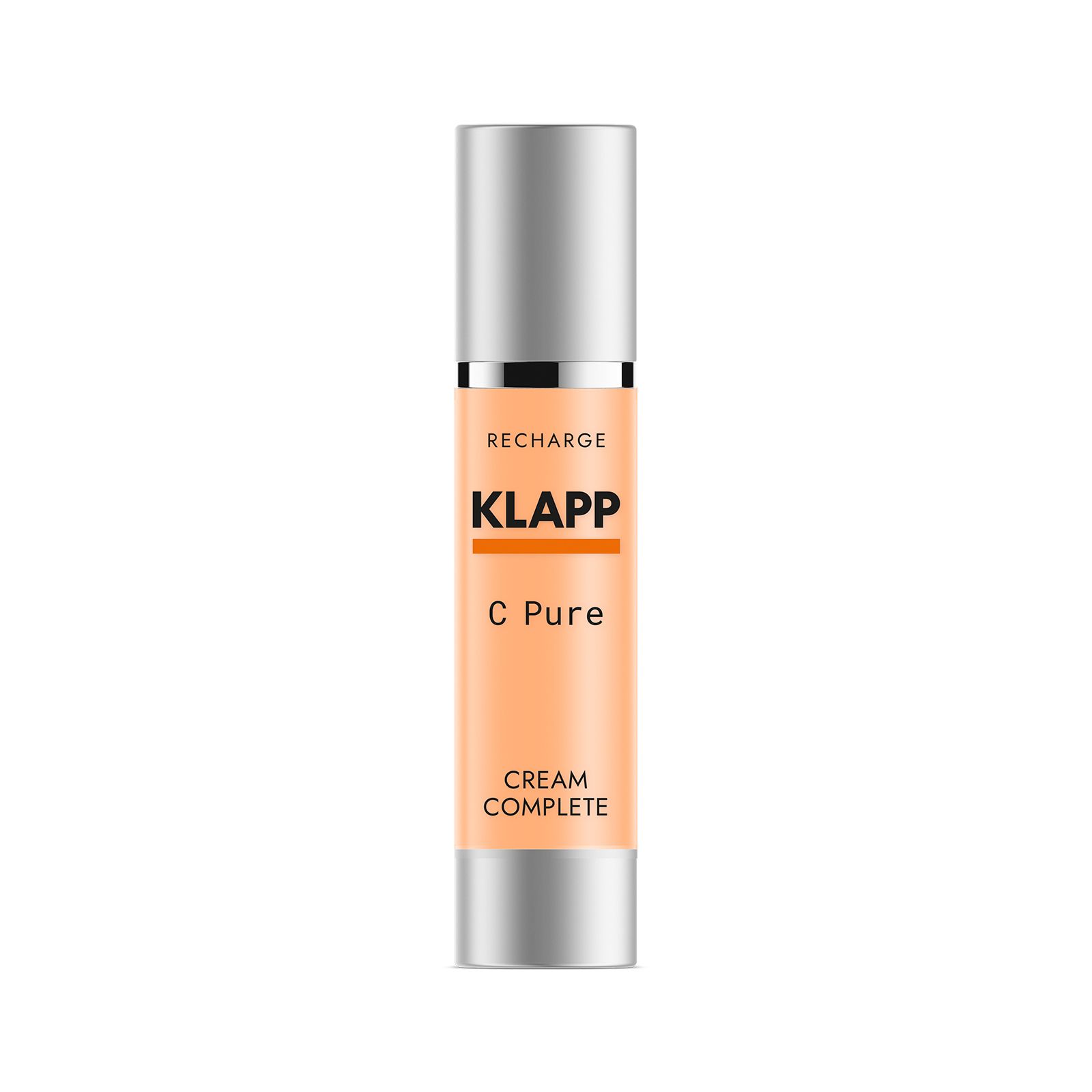 C Pure Cream Complete fles. Zilveren dop, oranje body. Opschriften: KLAPP, C Pure, Cream Complete.