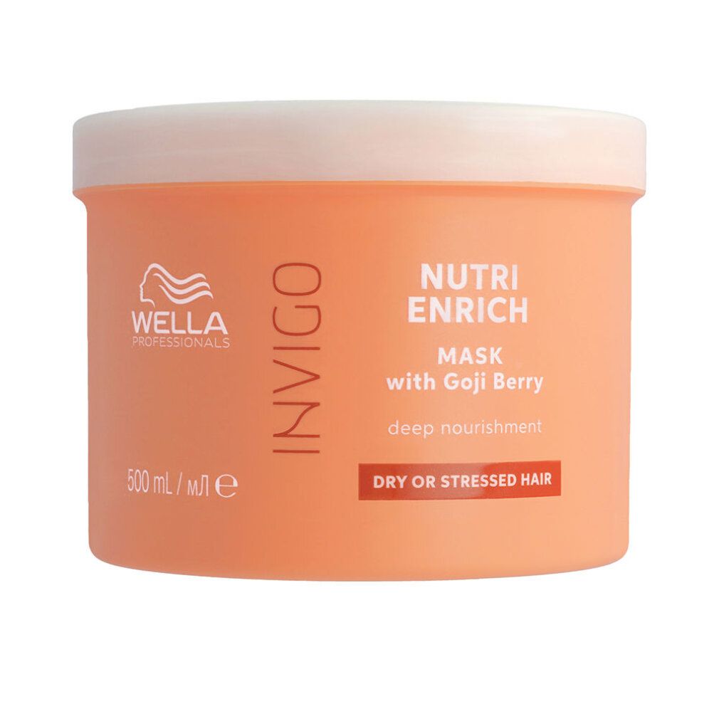 Oranje pot met witte deksel. Opschrift: Wella Invigo Nutri Enrich Mask with Goji Berry. Voor droog of beschadigd haar.