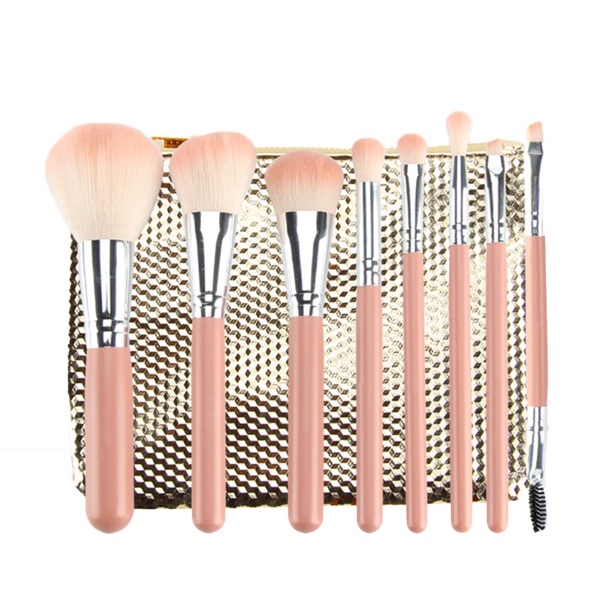 Ensemble de huit pinceaux de maquillage roses avec des accents dorés et une pochette dorée.