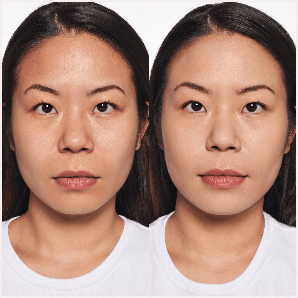 Comparaison avant-après. Femme avec et sans fond de teint. Différence de teint et de couvrance.