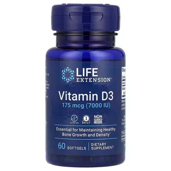 Life Extension Vitamine D3 7000 IE fles met 60 softgels.