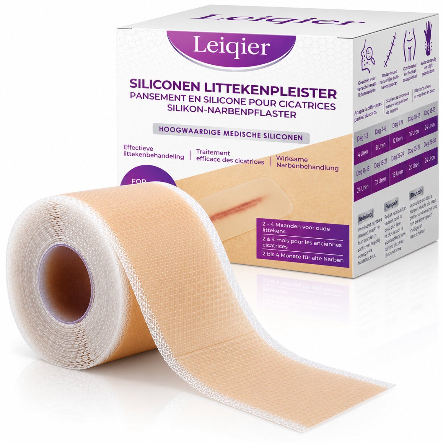 Leiqier siliconen linnenpleister rol, beige, 4cm x 1,5m. Verpakking toont linnenverzorging.