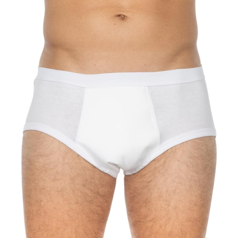 Witte herenonderbroek met geïntegreerde absorberende inlegger. Vooraanzicht. De tailleband is zichtbaar. De stof is wit.