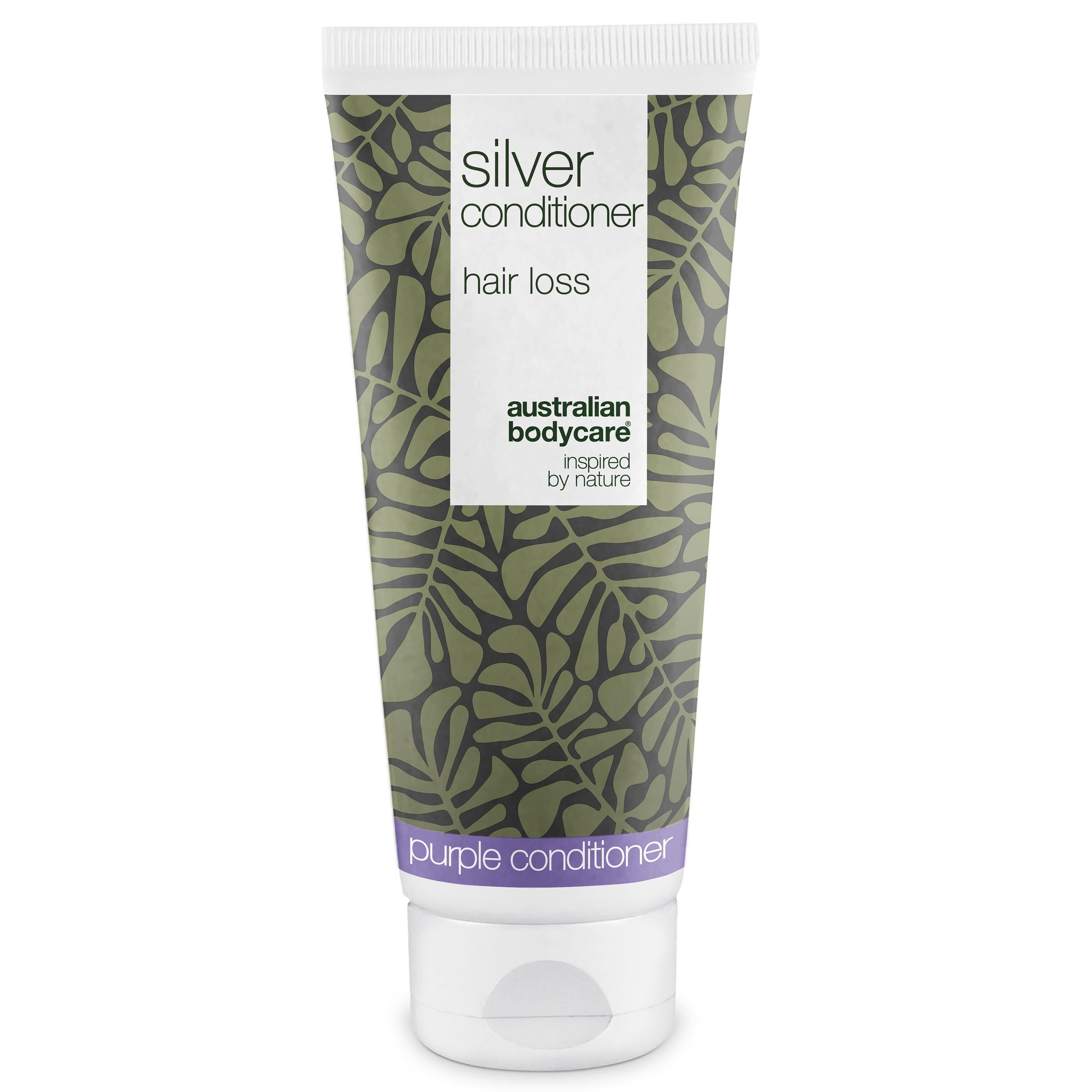 Tube de revitalisant argenté pour la perte de cheveux. Marque : Australian Bodycare. Design vert et blanc.