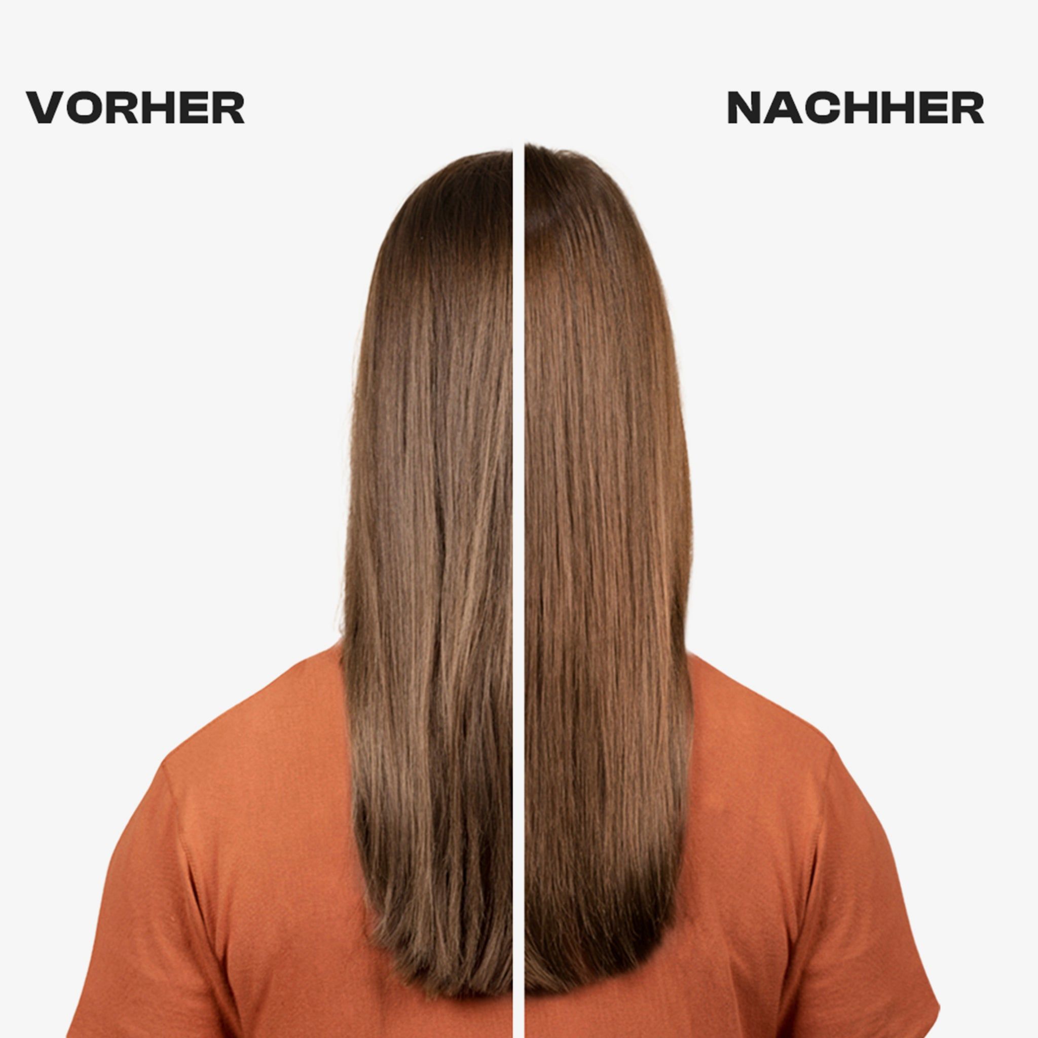 Vue arrière divisée. Gauche : cheveux avant traitement. Droite : cheveux après traitement. Des deux côtés : cheveux bruns.