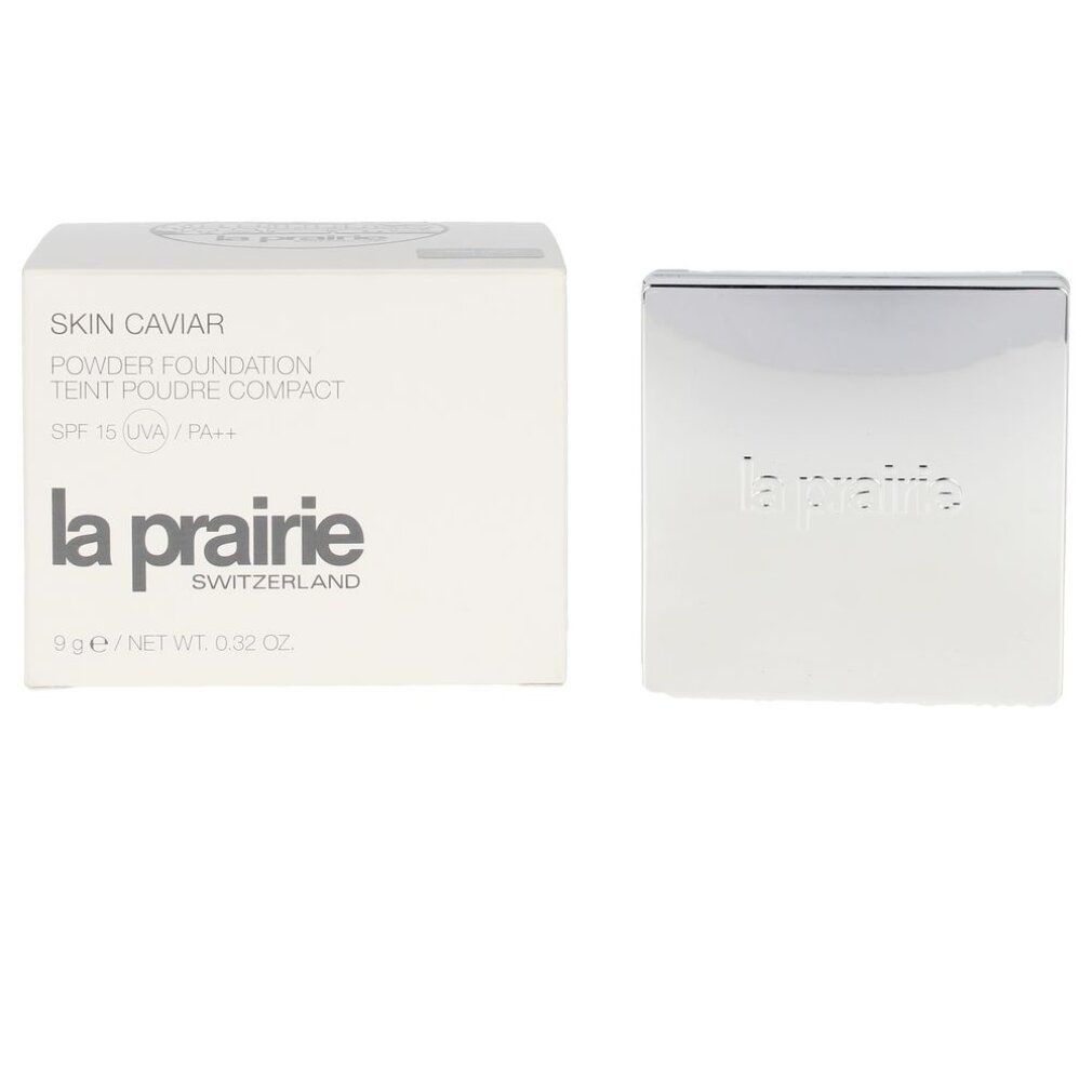 Boîte cosmétique et poudre compacte. Inscriptions: Skin Caviar, Powder Foundation, SPF 15, La Prairie, Switzerland. Compact avec miroir.