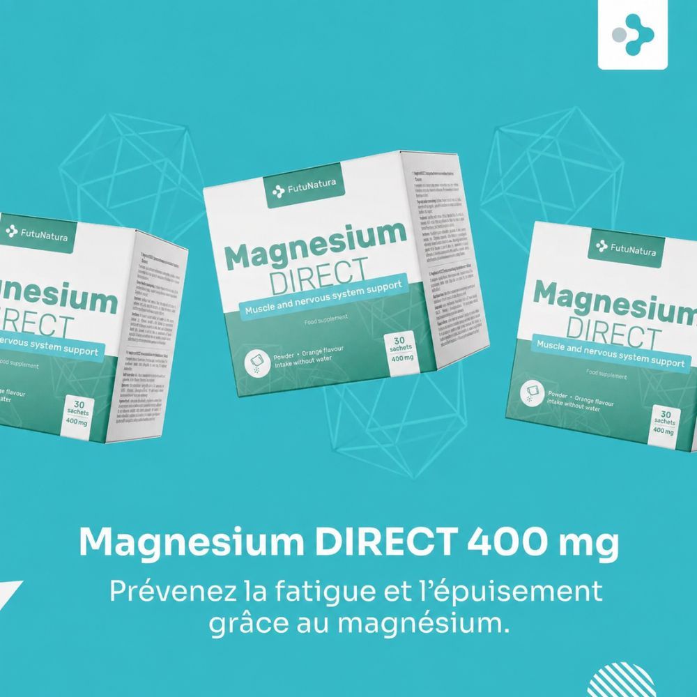 FutuNatura Magnesium DIRECT 400 mg : boîte de 30 sachets. Sceau "Meilleur prix".