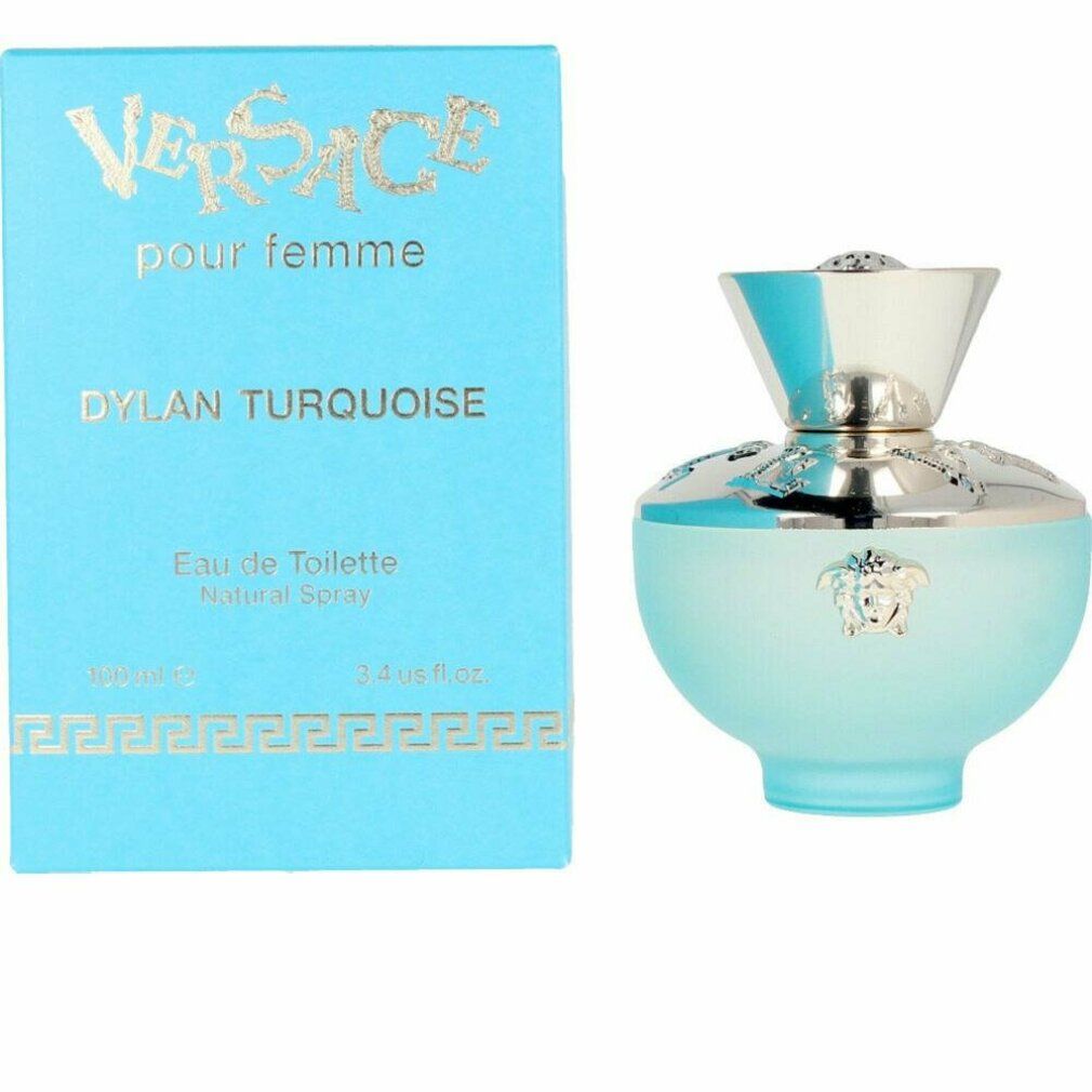 Flacon et boîte Versace Dylan Turquoise Eau de Toilette avec bouchon argenté.