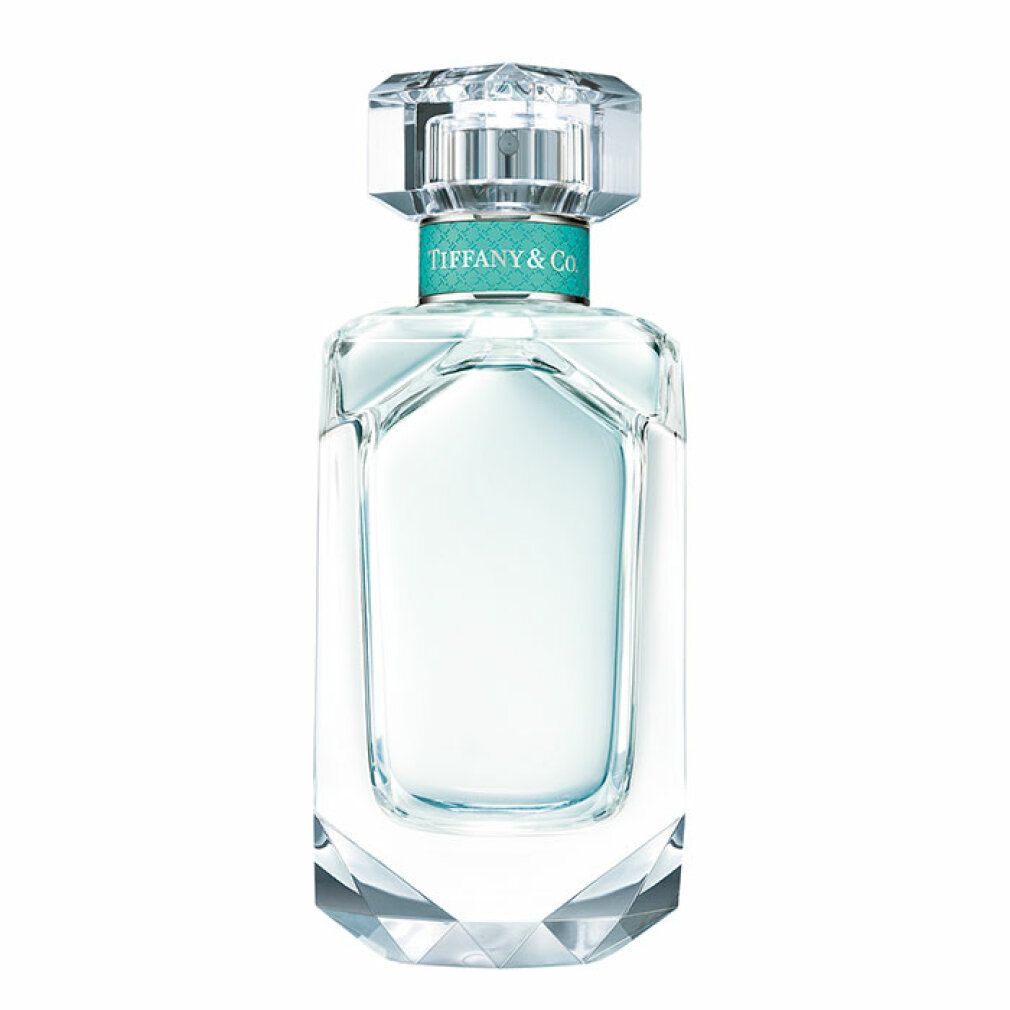 Flacon Tiffany & Co. en verre, base et bouchon facettés. Ruban turquoise avec logo. Liquide transparent.