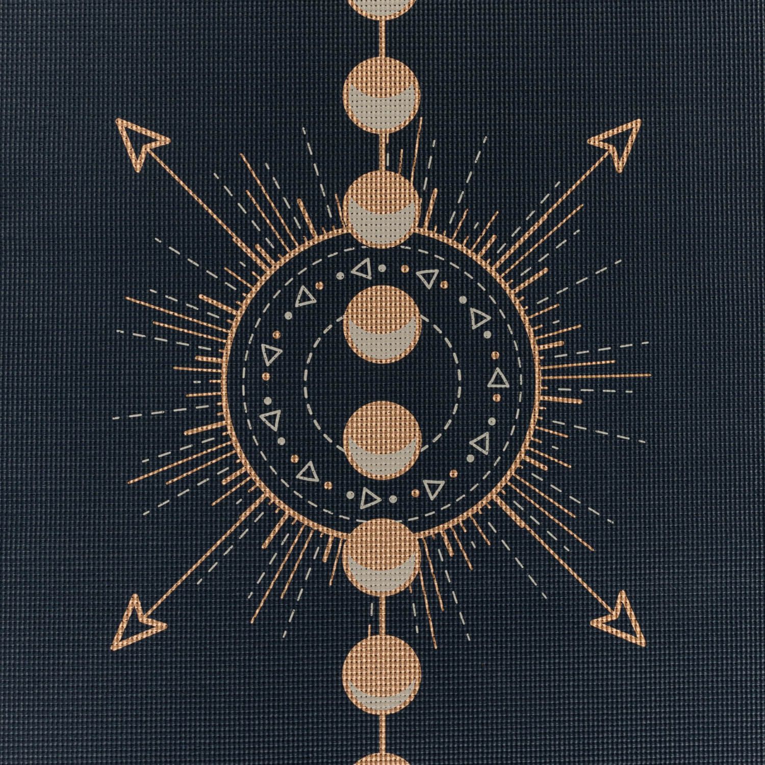 Close-up van een yogamat met geometrisch patroon. Zwarte achtergrond, gouden elementen.