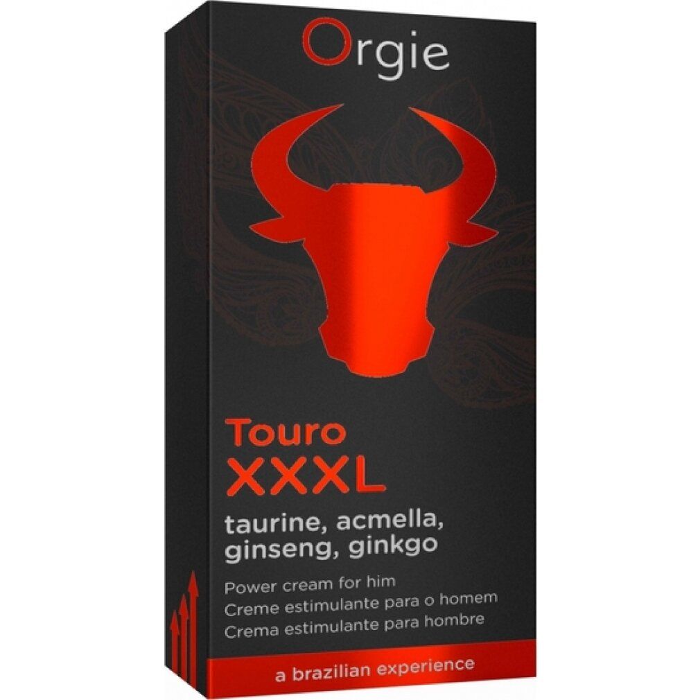 Zwarte verpakking met rode stierenkop en productnaam. Tekst: Touro XXL, ingrediënten. Merk: Orgie.