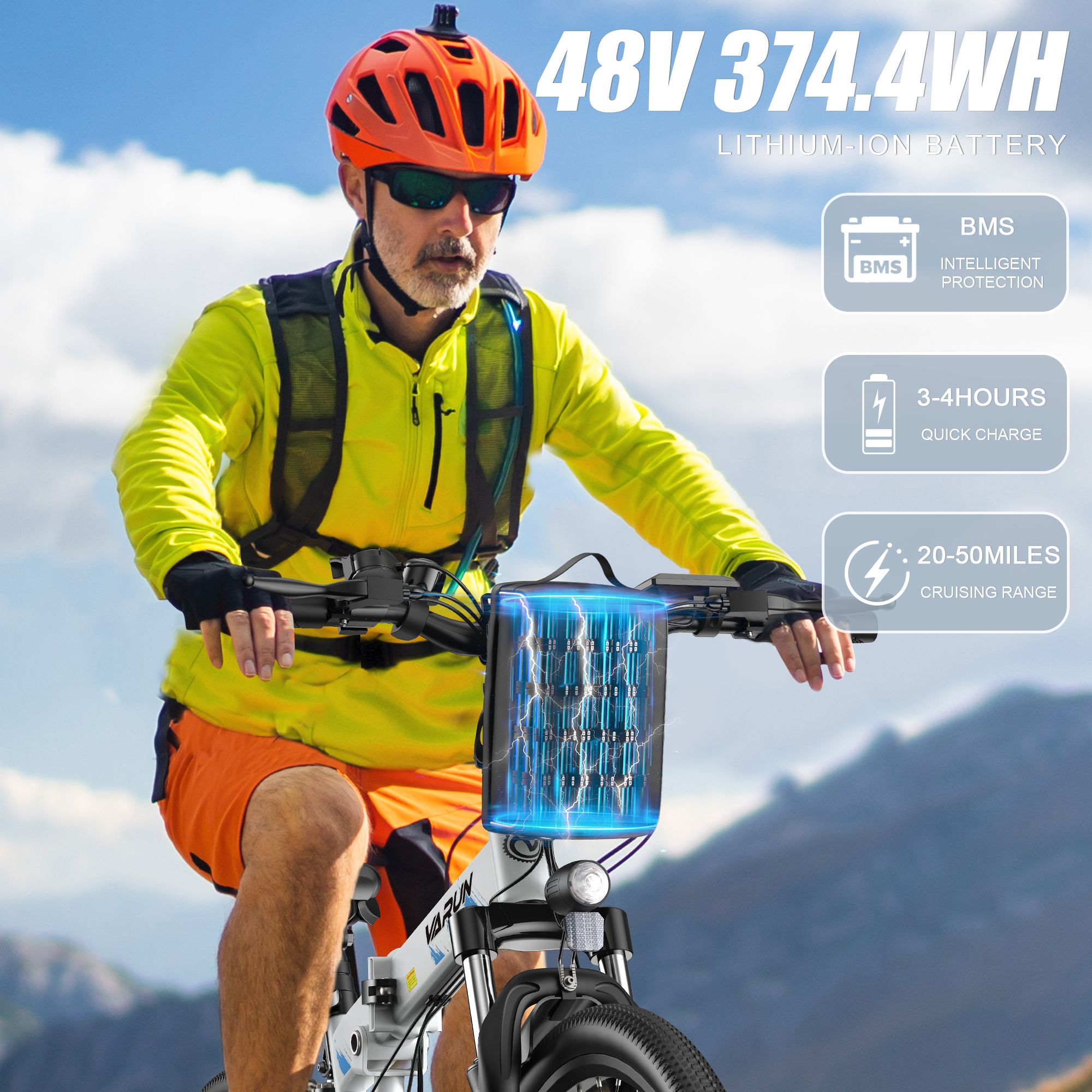 Personne faisant du vélo électrique. Texte: Batterie lithium-ion 48V 374,4Wh, BMS, charge rapide 3-4 heures, autonomie 20-50 miles.
