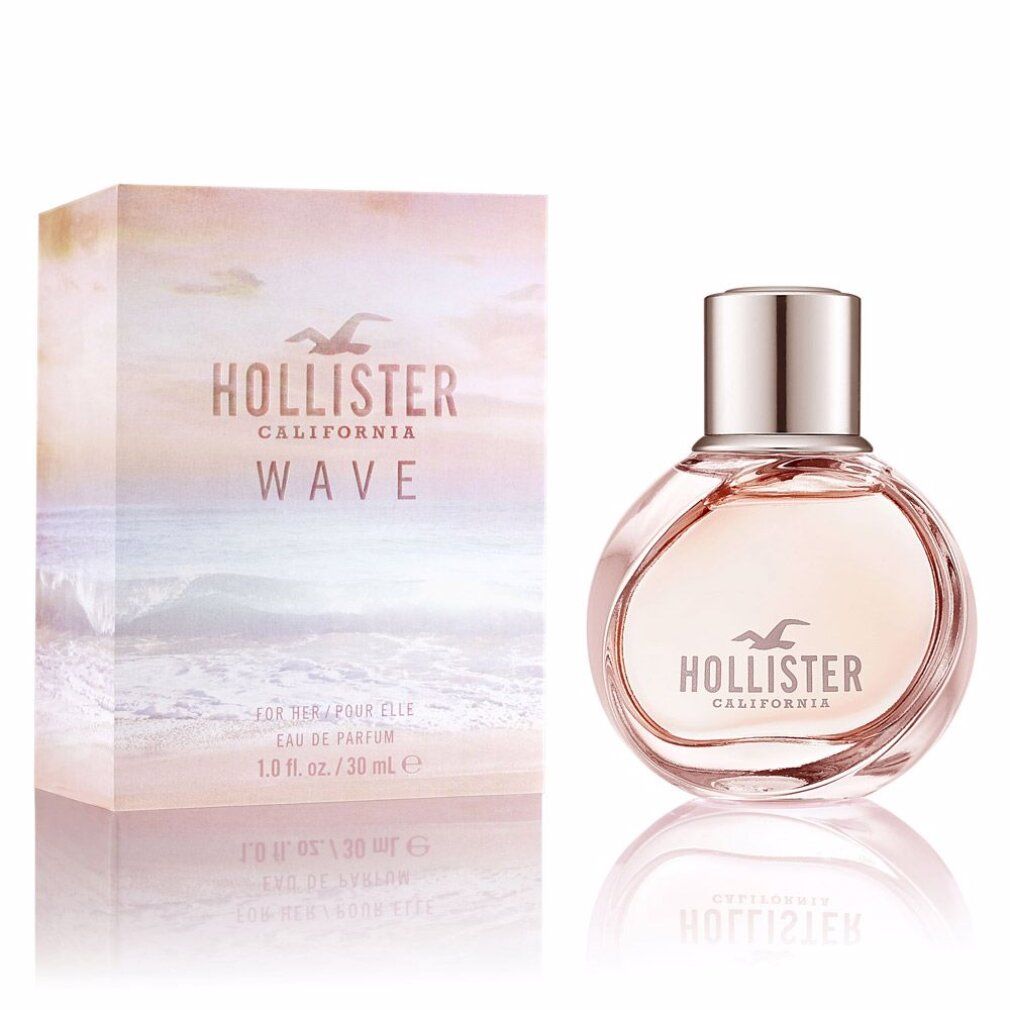 Ronde roze flacon en bijpassende doos. Opschrift: Hollister California Wave. Eau de parfum spray.