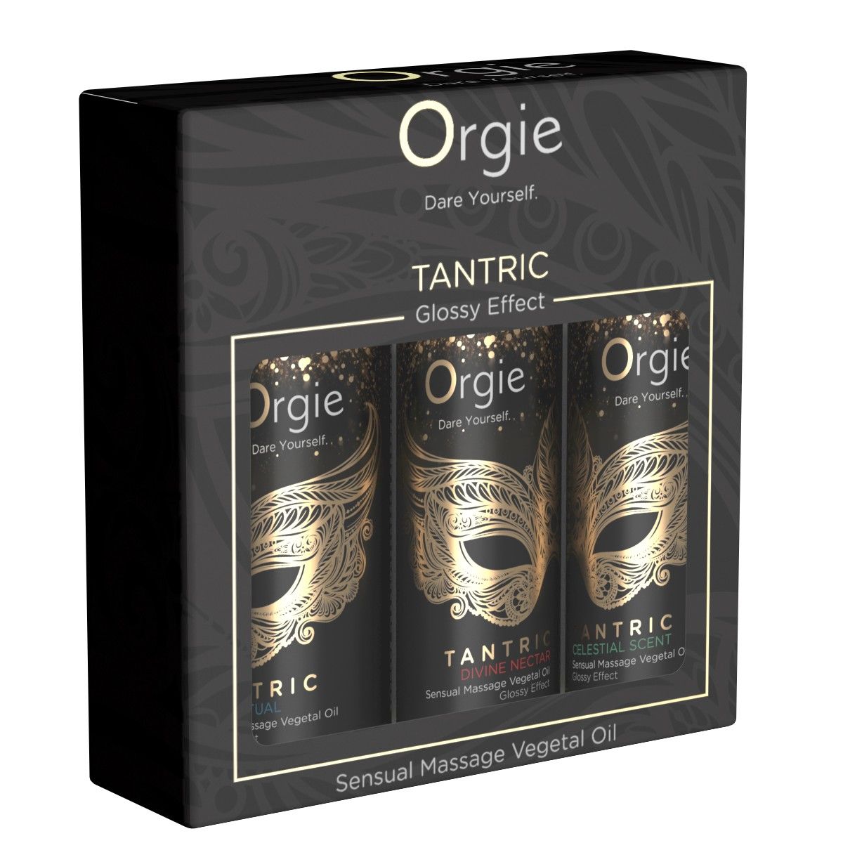 Cadeaudoos met drie flessen. Zwarte flessen met gouden masker en tekst. Merk: Orgie. Tekst: Tantric, Sensual Massage Vegetal Oil.