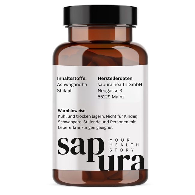 Achterkant van een bruine glazen fles met wit etiket. Bevat ingrediënten, fabrikantgegevens en waarschuwingen. Merk: sapura YOUR HEALTH STORY.