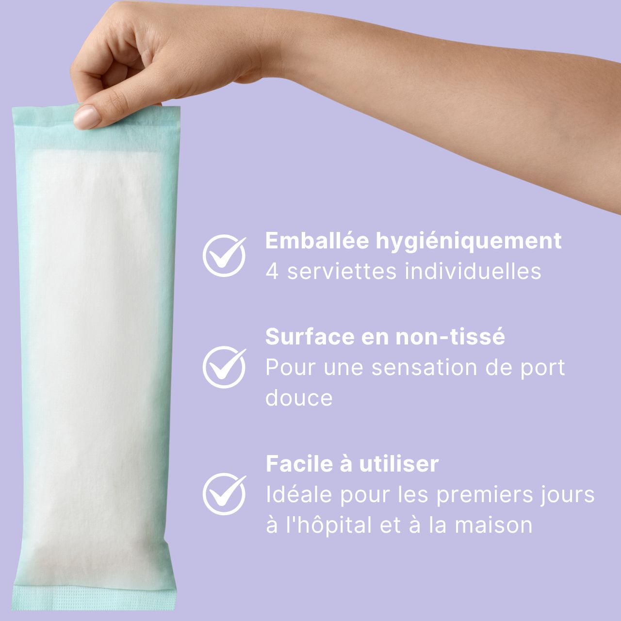 Description française de la serviette rafraîchissante MyClarella : Emballée hygiéniquement, surface non-tissée, facile à utiliser.