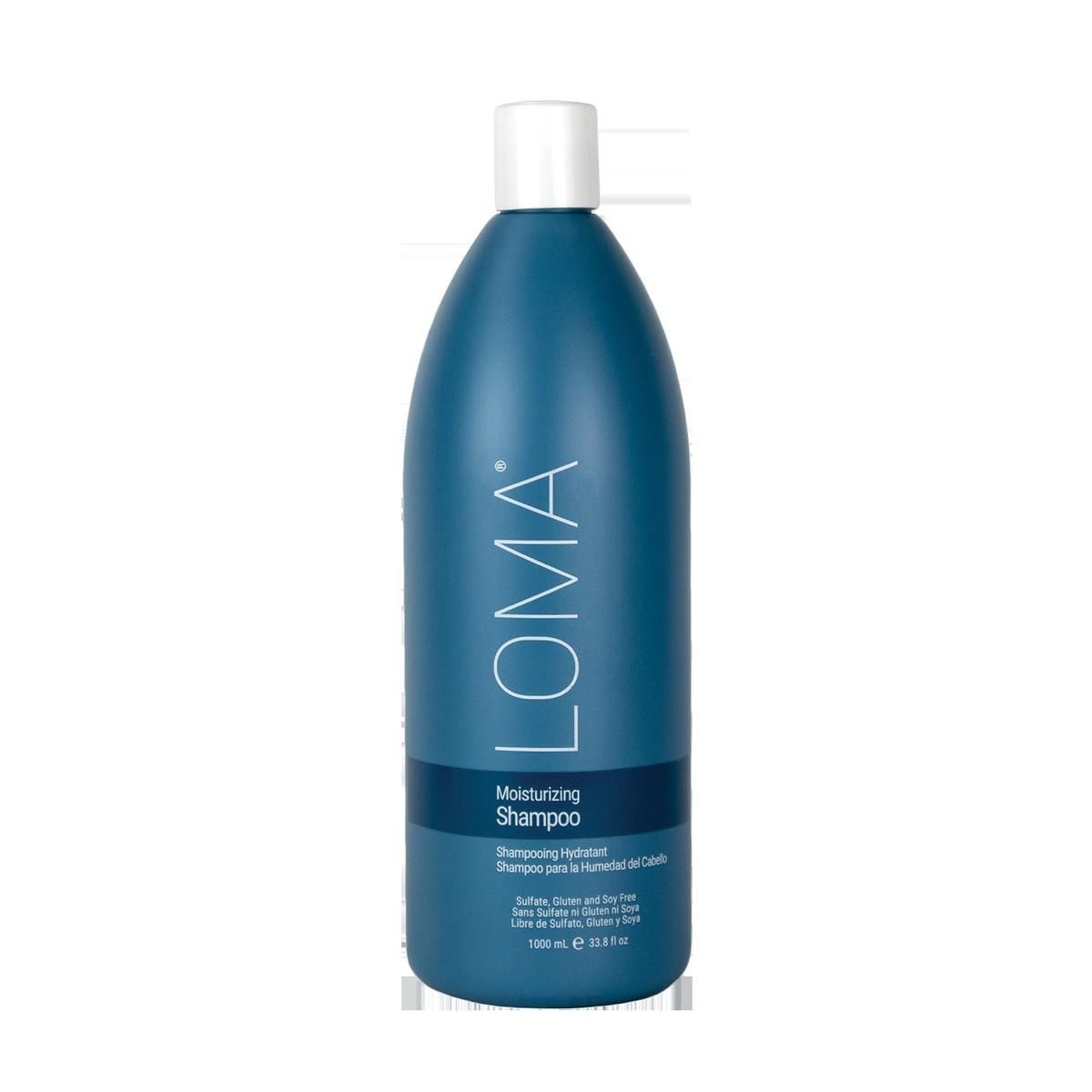 Blauwe fles LOMA Moisturizing Shampoo. Witte dop. Tekst: 'Moisturizing Shampoo', 'Shampooing Hydratant'.