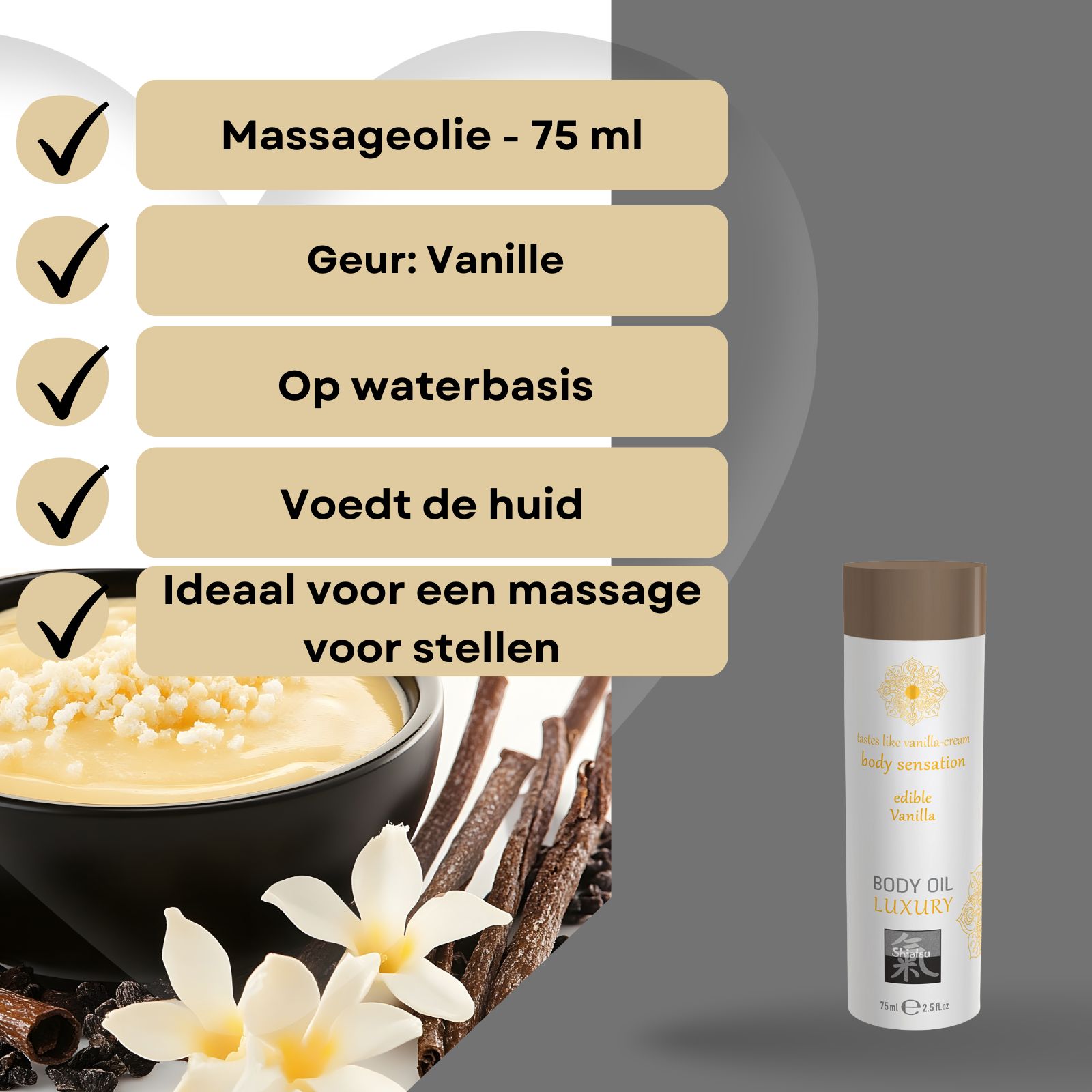 Shiatsu massageolie Vanille: op waterbasis, voedt de huid.