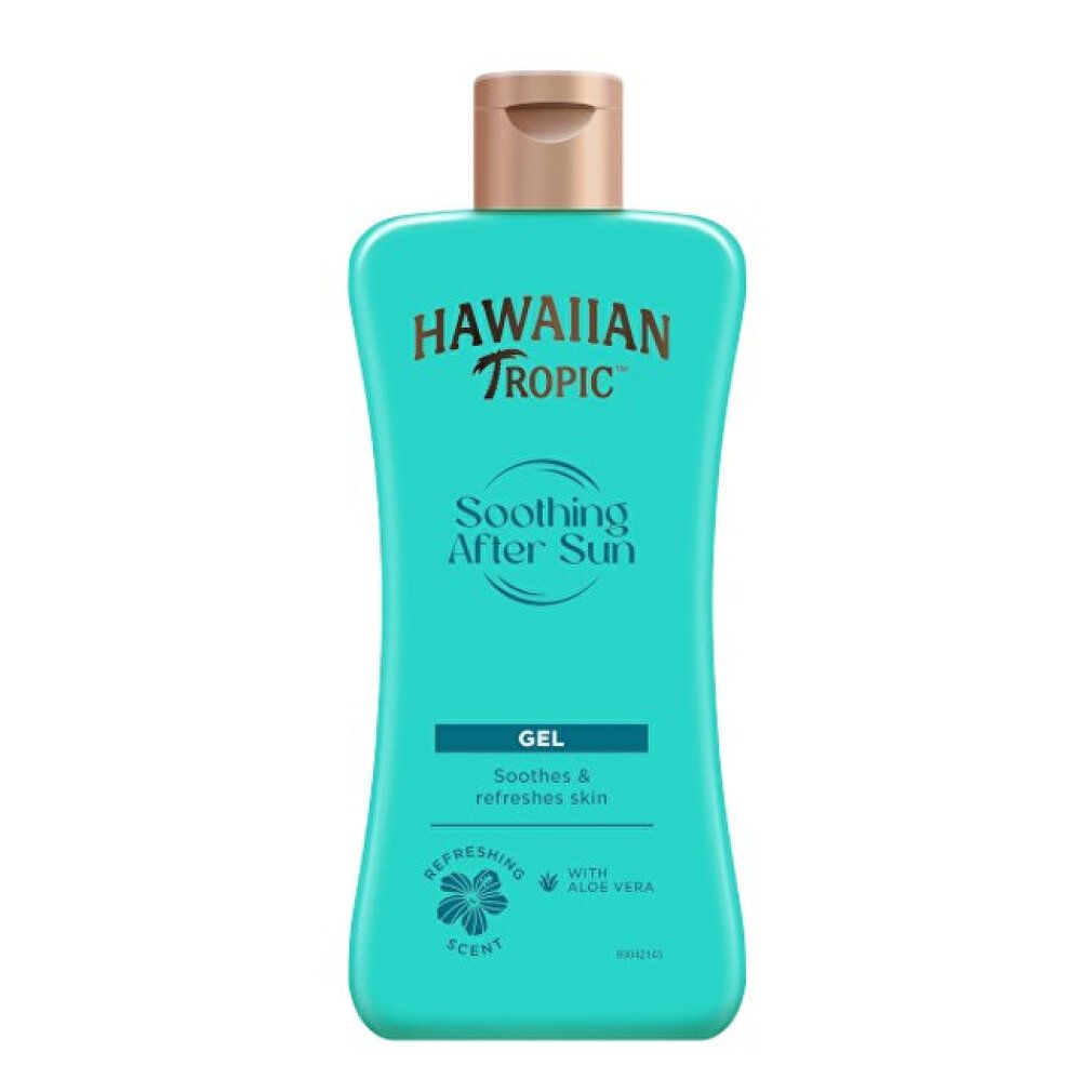Flacon turquoise Hawaiian Tropic Soothing After Sun Gel. Bouchon doré. Fond clair.