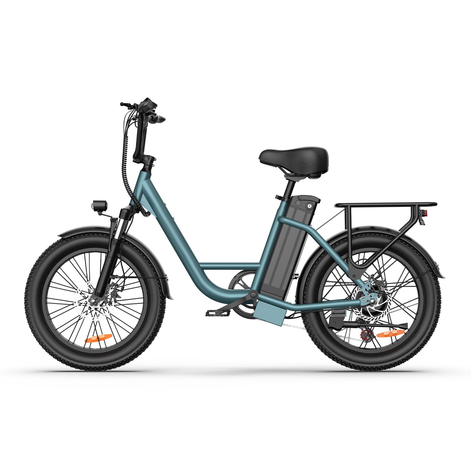 Vélo électrique bleu avec selle, pneus et porte-bagages noirs. Batterie sur le cadre. Frein avant.