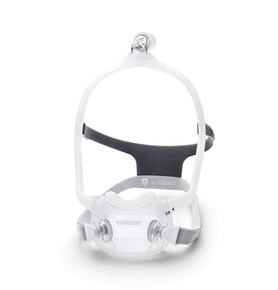 Gezichtsmasker met hoofdband. Wit, grijs en transparant. Met uitademventiel en hoofdband. Merk Philips.