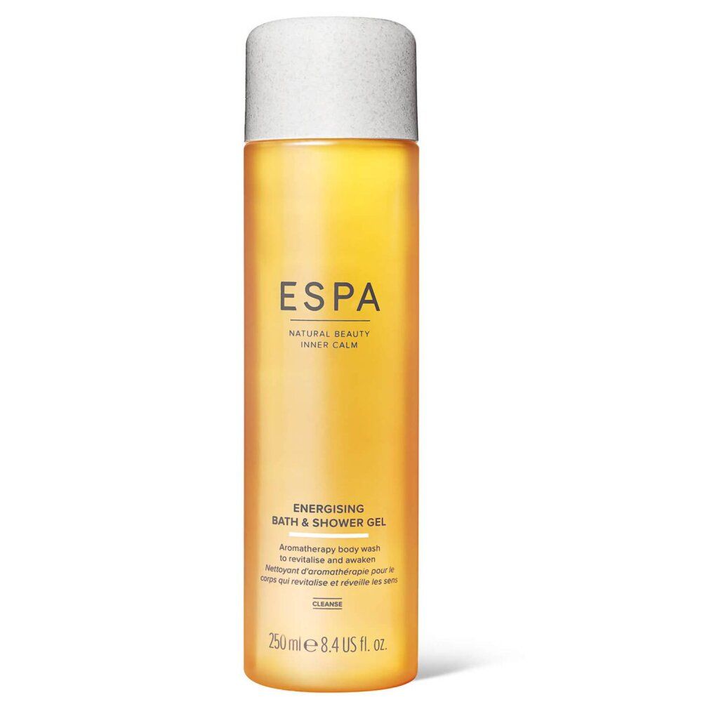 ESPA Energising Bath & Shower Gel, 250ml, in gele fles met witte dop.