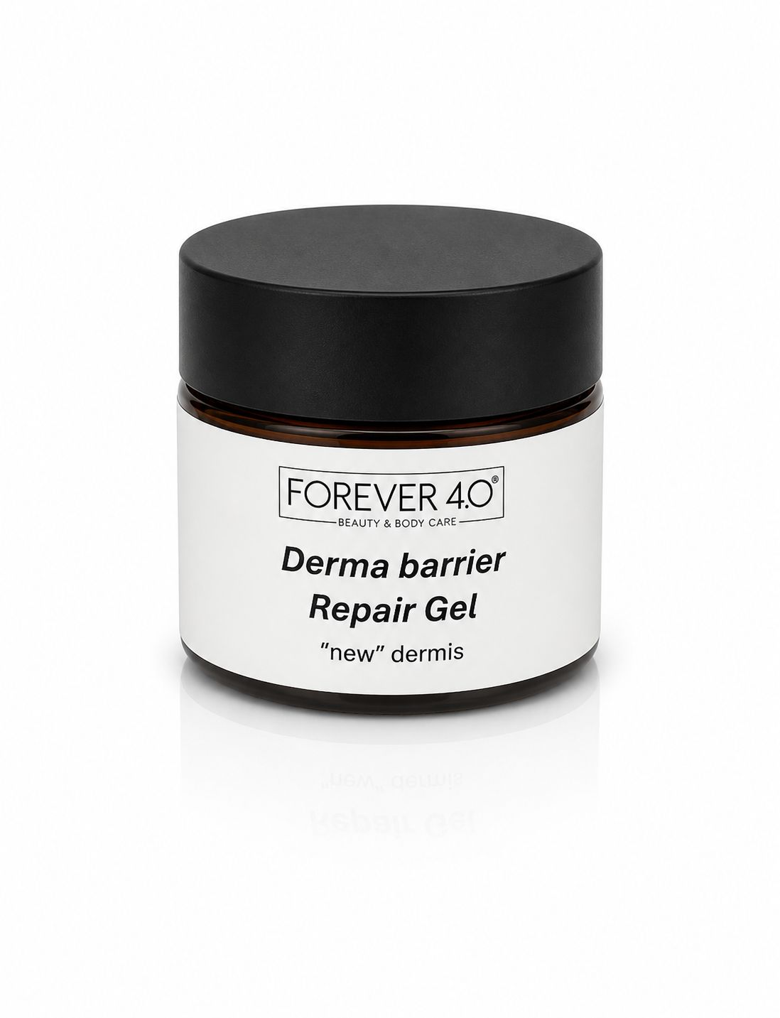FOREVER 40 Derma barrier Repair Gel dans un pot en verre avec un couvercle noir.