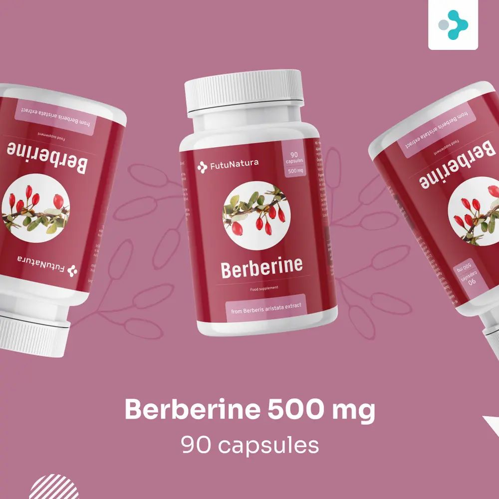 Drie flessen met berberine capsules. Tekst: Berberine 500 mg, 90 capsules.