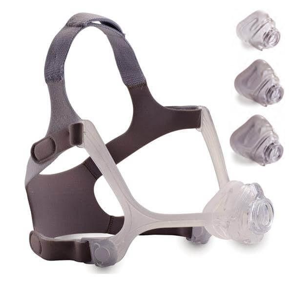 Masque nasal avec cadre en silicone, bandeau et trois coussinets nasaux interchangeables de différentes tailles.