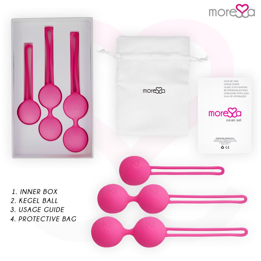 Roze siliconen liefdeskogels in een doos, met zakje en handleiding. 'moressa Osian Set'.