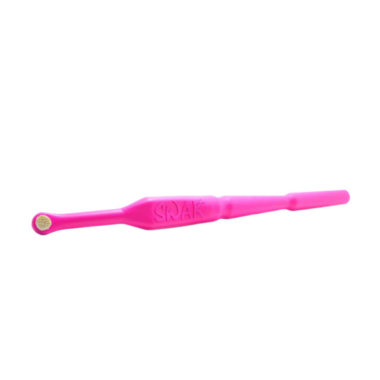 Brosse à dents rose avec tête de brosse claire. Le manche porte l'inscription SWAK.