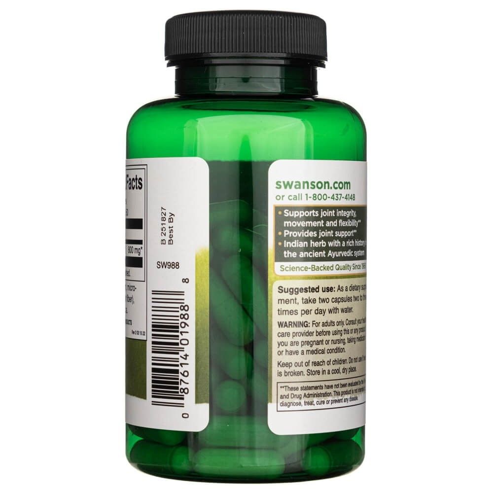 Arrière d'une bouteille verte de Swanson Boswellia Serrata, montrant la posologie et les avantages.