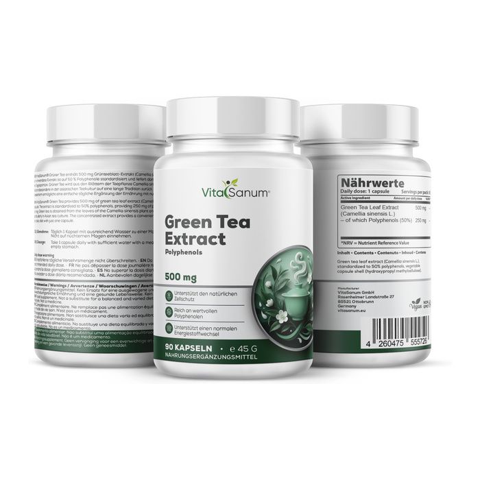 Trois flacons de gélules VitaSanum Extrait de Thé Vert, 500 mg. Vue de face et étiquettes arrière visibles.
