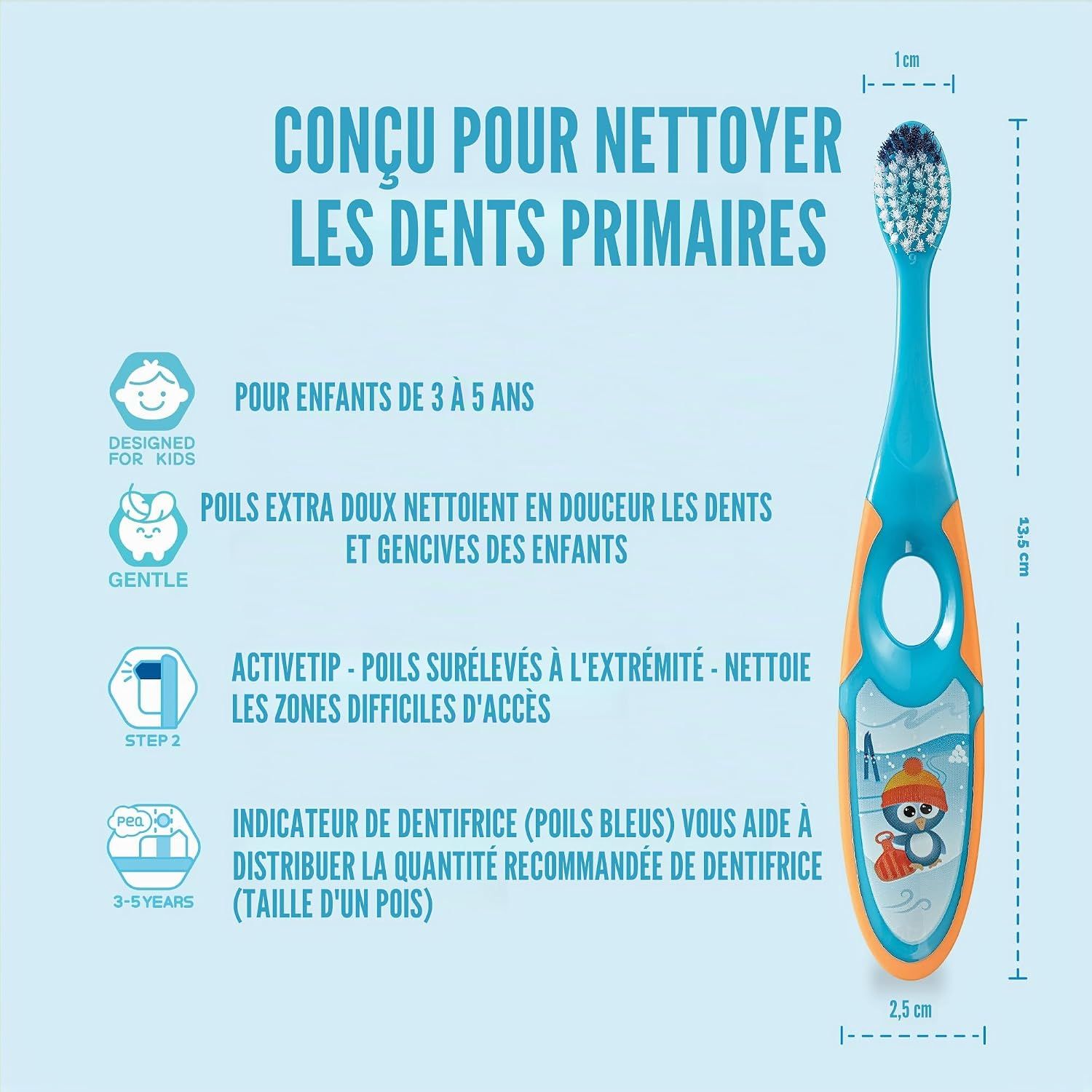 Vue détaillée d'une brosse à dents enfant avec dimensions et caractéristiques.