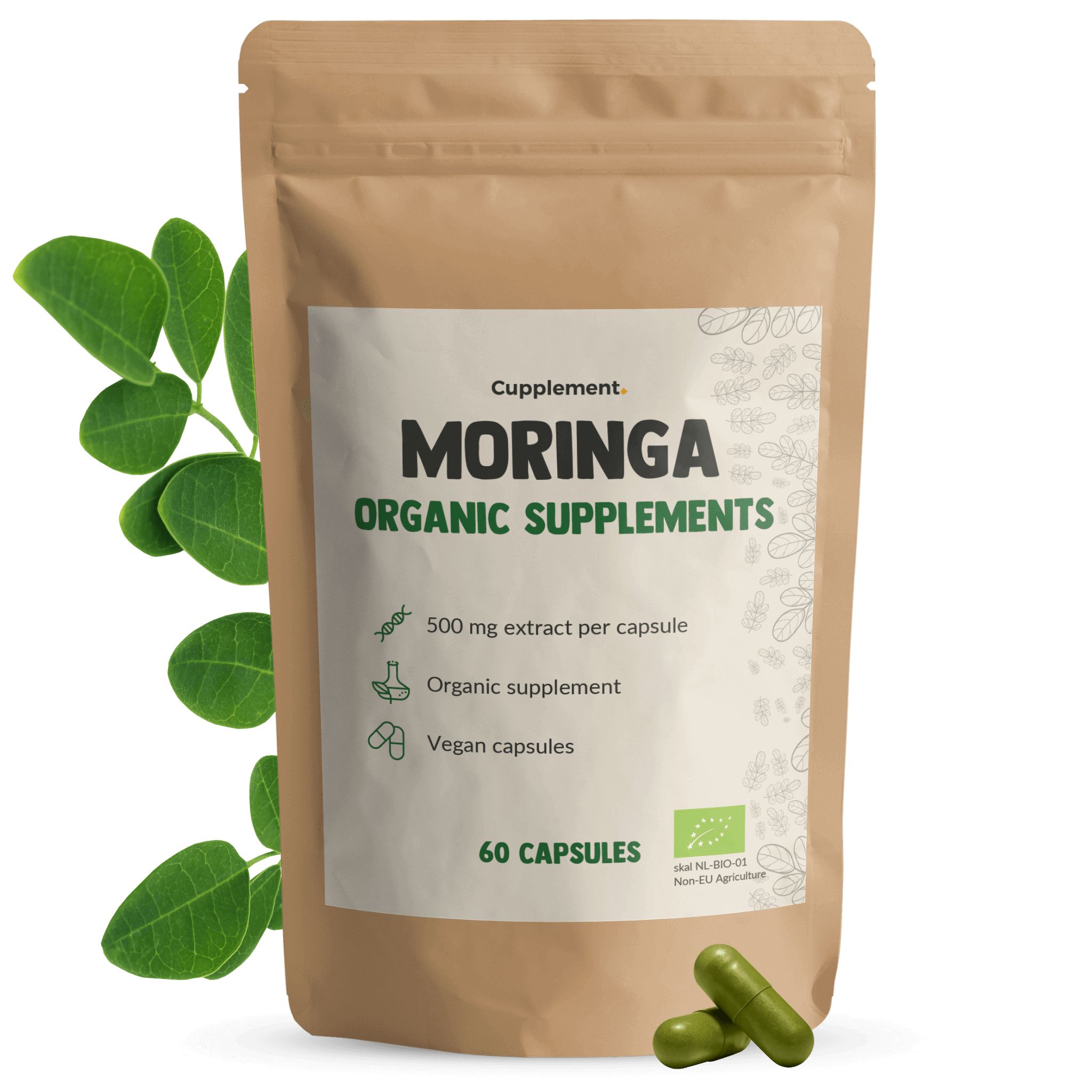 Sachet marron avec capsules de moringa. Inscription : Moringa Organic Supplements. 60 capsules. Deux gélules vertes à côté.