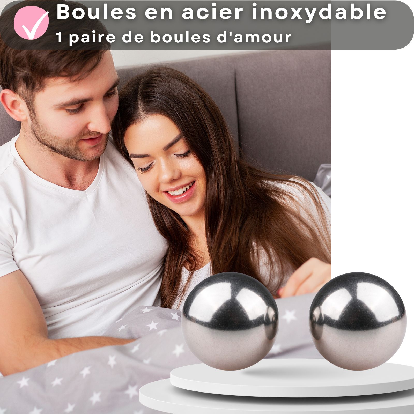 Deux boules métalliques. Paire sur main. Paire sur lit. Texte: Exercices du plancher pelvien.