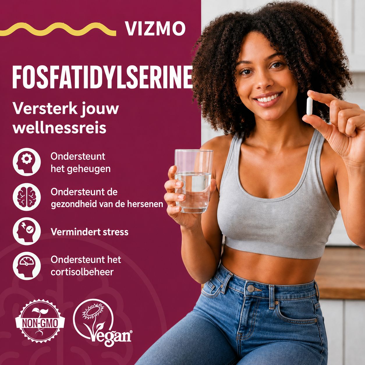 Een vrouw houdt een capsule en een glas water vast. Vizmo Fosfatidylserine supplement.
