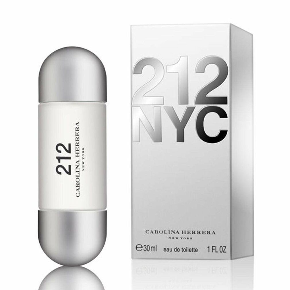 Boîte et flacon blancs. Sur la boîte, "212 NYC". Flacon en forme de capsule avec le texte "212". "Carolina Herrera" est visible.