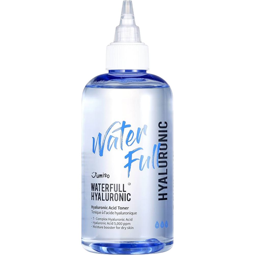 Transparante toner in fles met blauwe dop en opschrift Water Full Hyaluronic. Merk JUMISO.