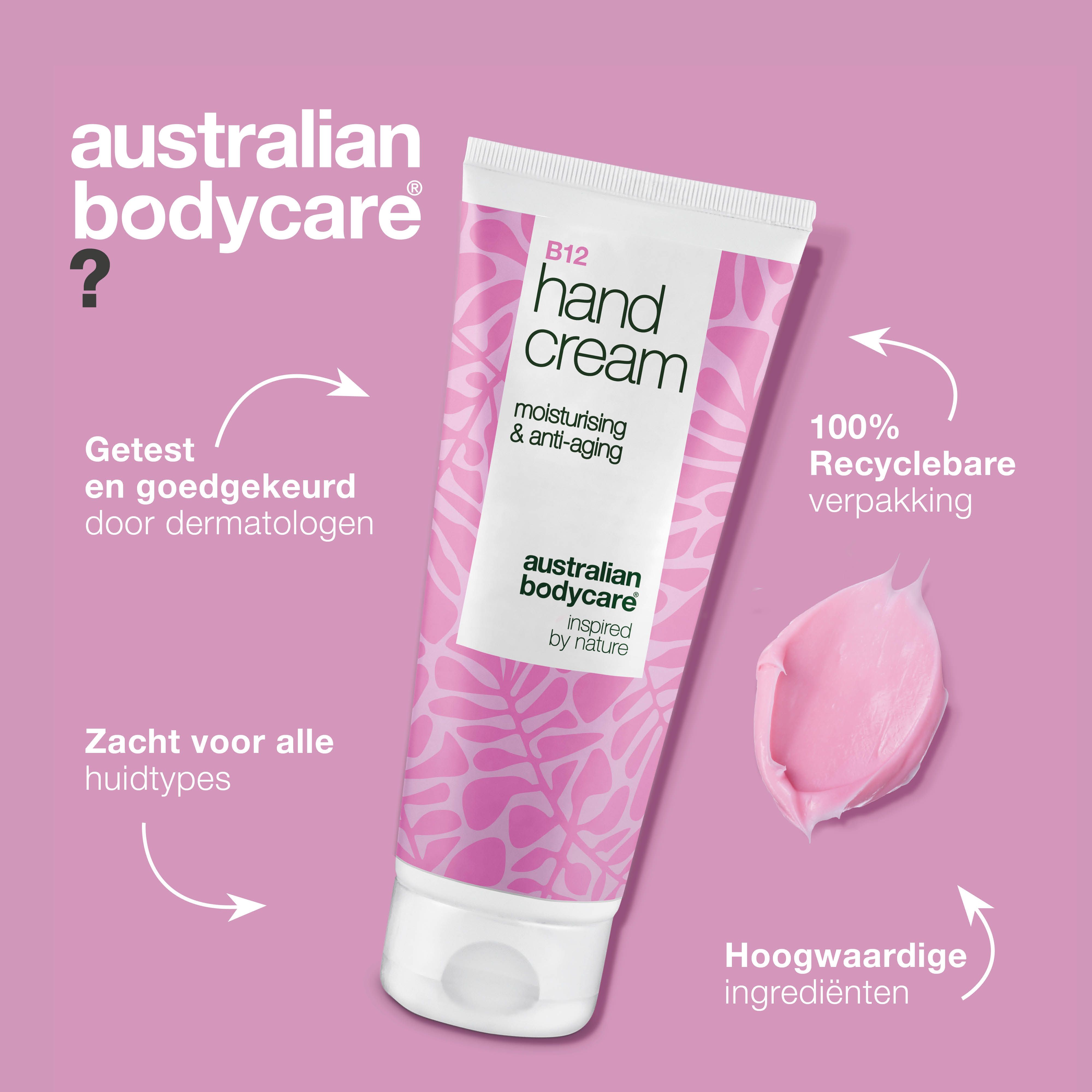 Handcrème B12, hydraterend en anti-aging. Roze design met bladeren. Merk: Australian Bodycare. Tekst: Waarom Australian Bodycare?