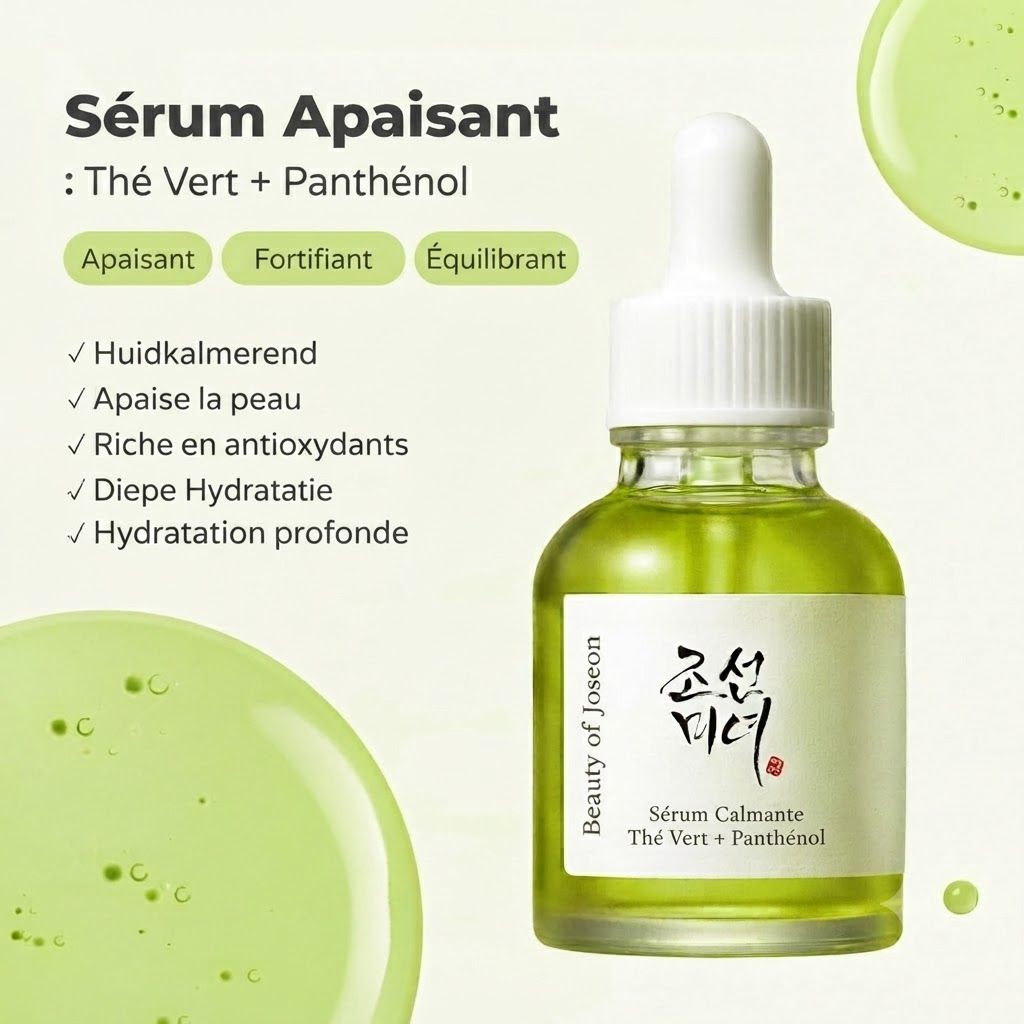 Sérum vert dans un flacon en verre avec pipette. Étiquette avec écriture coréenne et "Sérum Calmante Thé Vert + Panthénol".