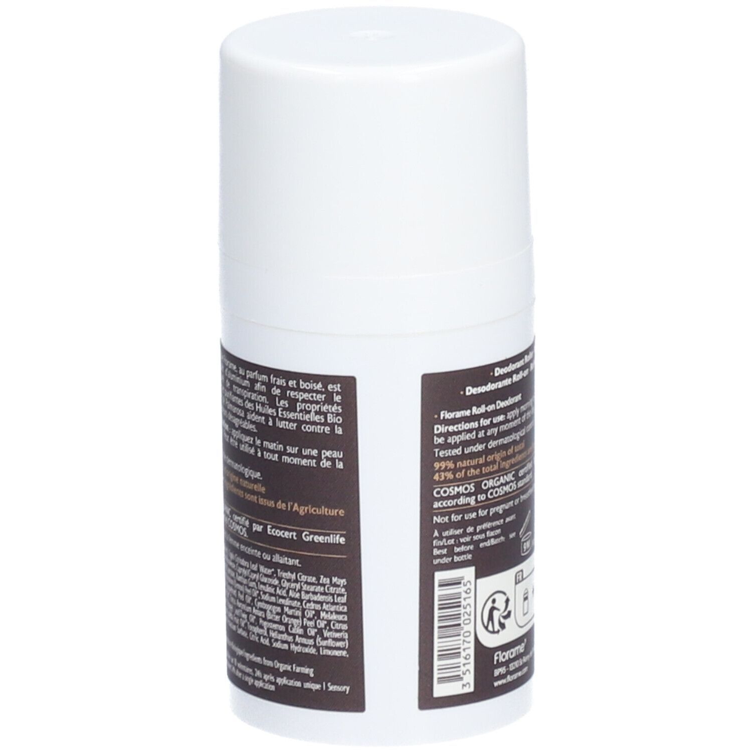 Achterkant van de roll-on deodorant. Witte fles met bruin etiket. Tekst: Florame, gebruiksaanwijzing, Bio-certificering.
