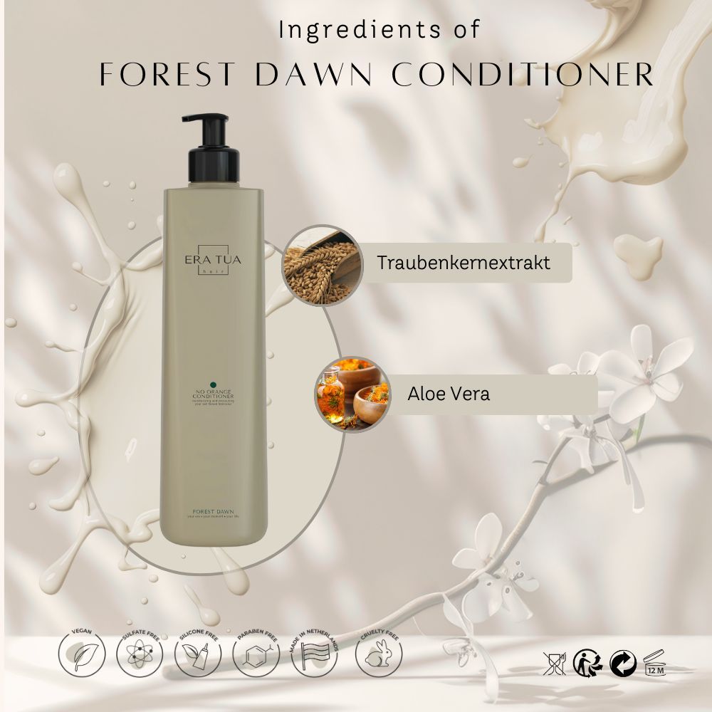 Flacon beige avec pompe noire. Texte: Era Tua, Forest Dawn Conditioner. Ingrédients: Extrait de pépins de raisin, Aloe Vera. Label vegan.