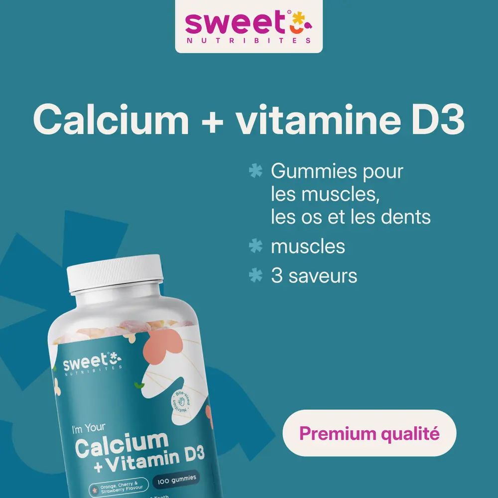 Flacon Sweet Nutribites Calcium + vitamine D3. Inscription : Calcium + vitamine D3, gommes pour muscles, os et dents. Qualité premium.