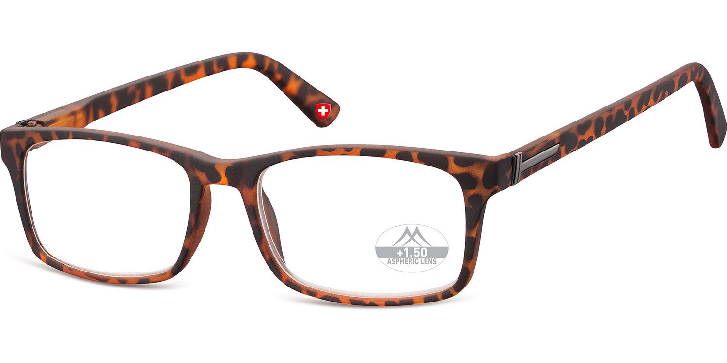 Lunettes marron à monture rectangulaire. Logo +1.50 Adventure sur un verre. Détail rouge sur la branche.