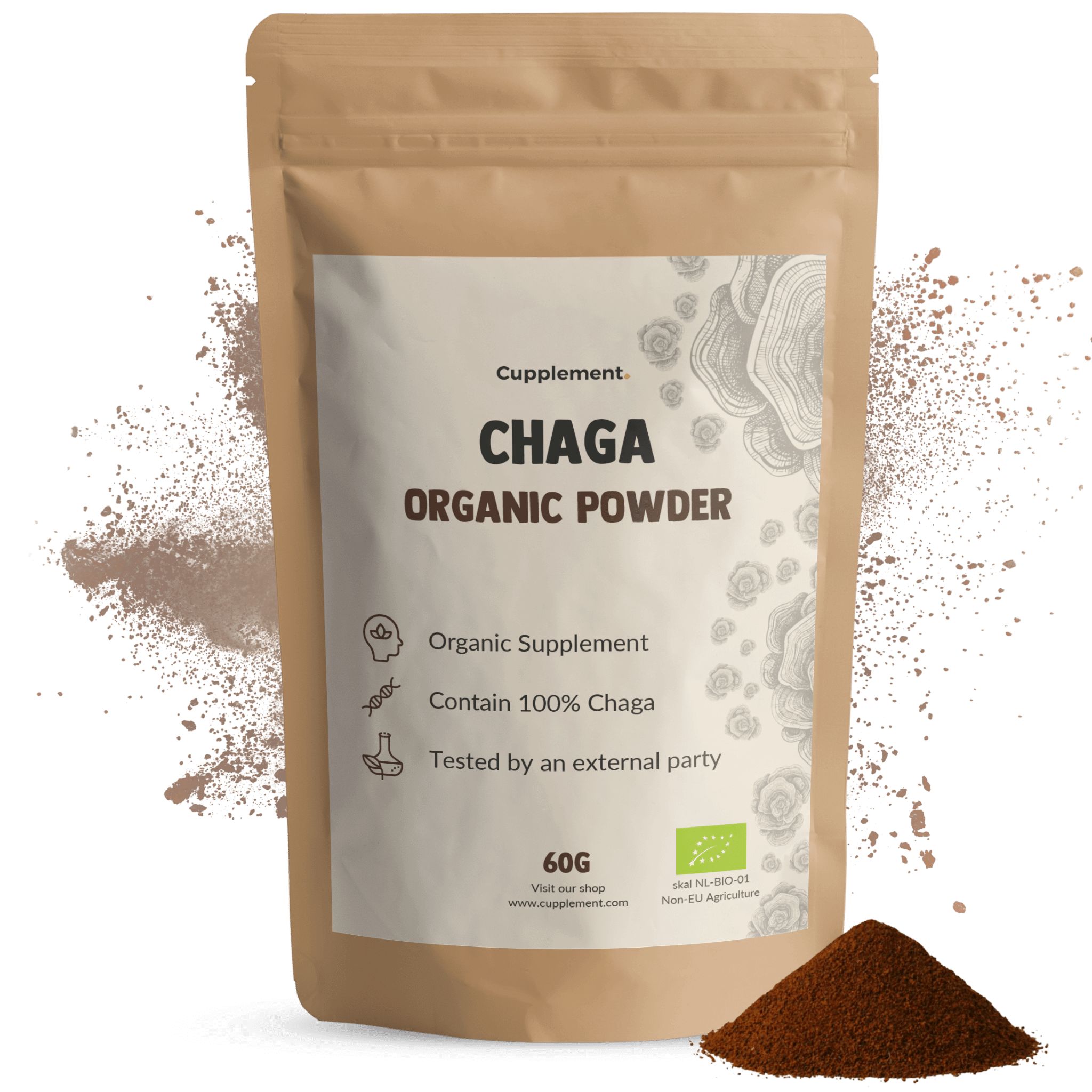 Zakje Chaga Organic Powder. Bevat 60g. Met bio-keurmerk en een hoopje poeder.
