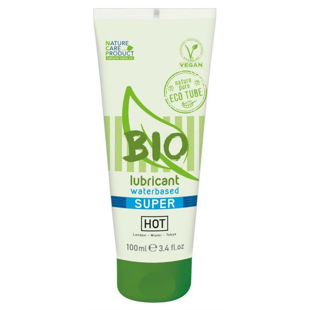 HOT Bio Super glijmiddel tube, waterbasis, met 'Eco Tube' aanduiding.